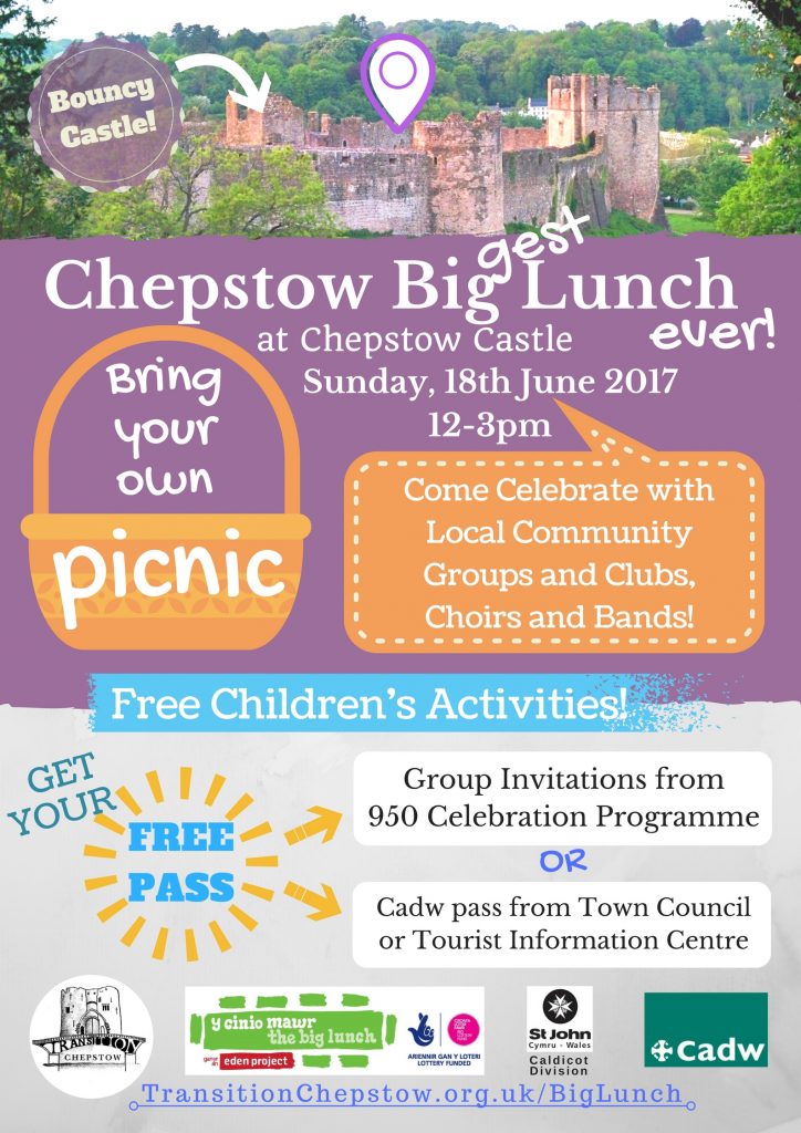 Sunday, 18th June 2017, 12-3pm at Chepstow Castle. Bring your own picnic, come celebrate with local community groups and clubs, choirs and bands! Free children's activities, bouncy castle. Get your free pass from the 950 celebration programme or a free Cadw pass from Town Council or the Tourist Information Centre. Organised by Transition Chepstow, supported by St John Cymru Wales Ambulance Caldicot Division and Cadw.